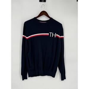 Tommy Hilfiger Sweater Mens XL Blue Striped Cotton Crewneck Logo TH Pullover